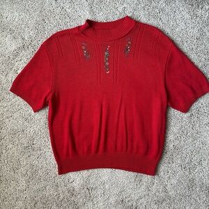 Red Embroidered Short Sleeve Sweater Top